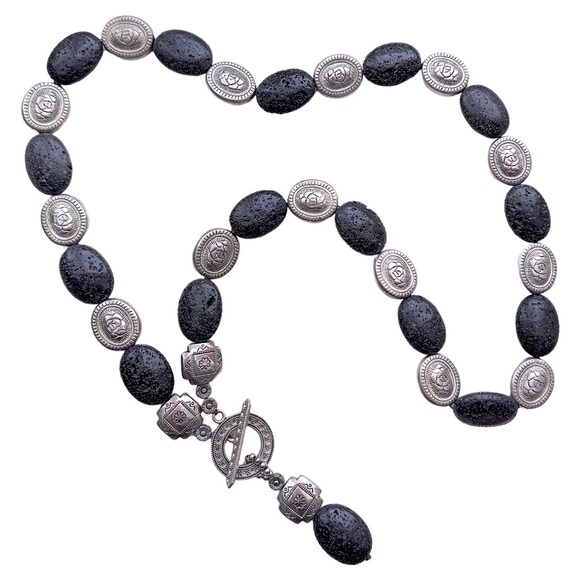 VINTAGE 28” Chunky Black Lava Stone Necklace w/ Silver Rose Beads & Toggle Clasp - Picture 2 of 2